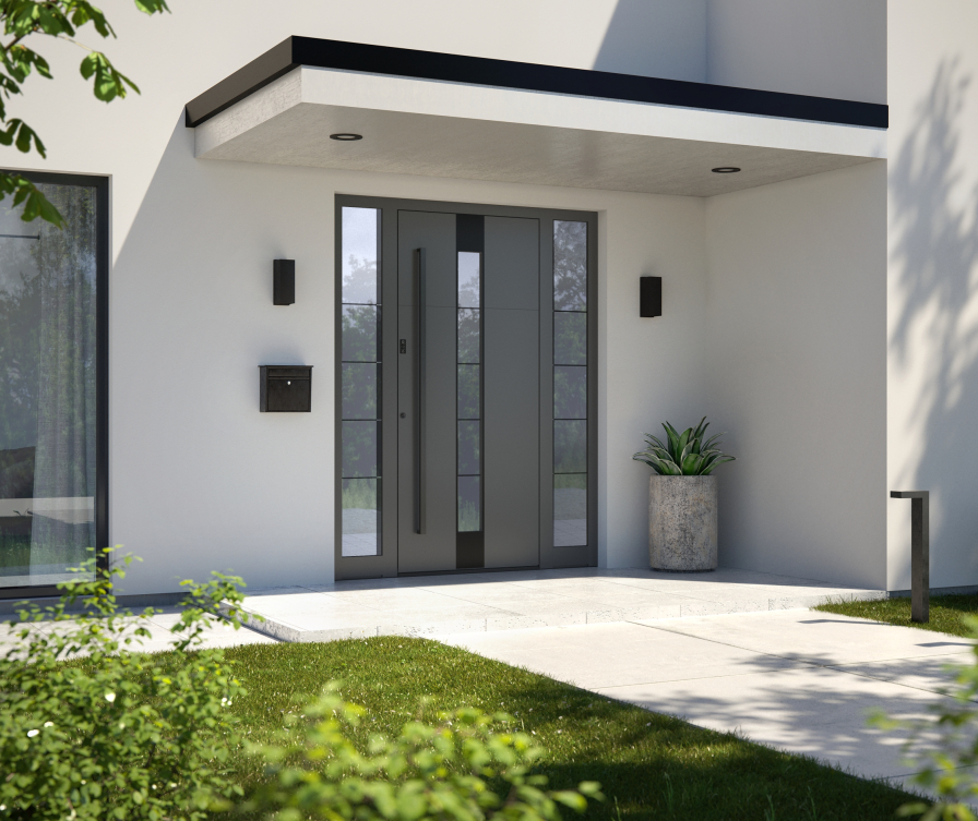 Porta d’ingresso grigio antracite in alluminio con fianchiluce a destra e a sinistra.