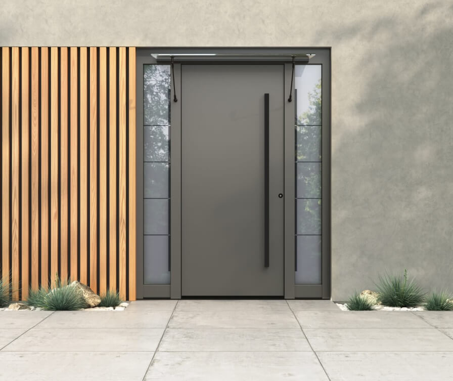 Ingresso elegante con una porta nera con ampie superfici in vetro, circondata da una facciata moderna e illuminazione ambientale.