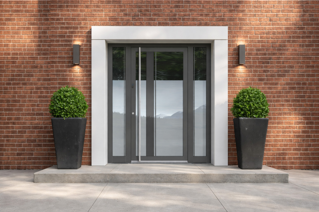 Porta d’ingresso vetrata per edificio condominiale su facciata in mattoni