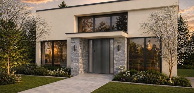 Casa moderna con facciata chiara, grandi finestre e moderna porta d’ingresso grigia