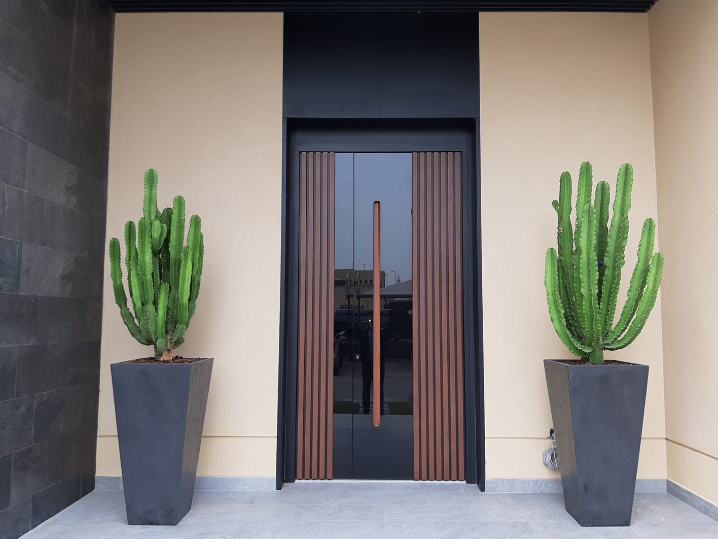 Moderno portoncino d'ingresso in alluminio a due ante con vetro ESG nero, finitura effetto legno e maniglione incassato