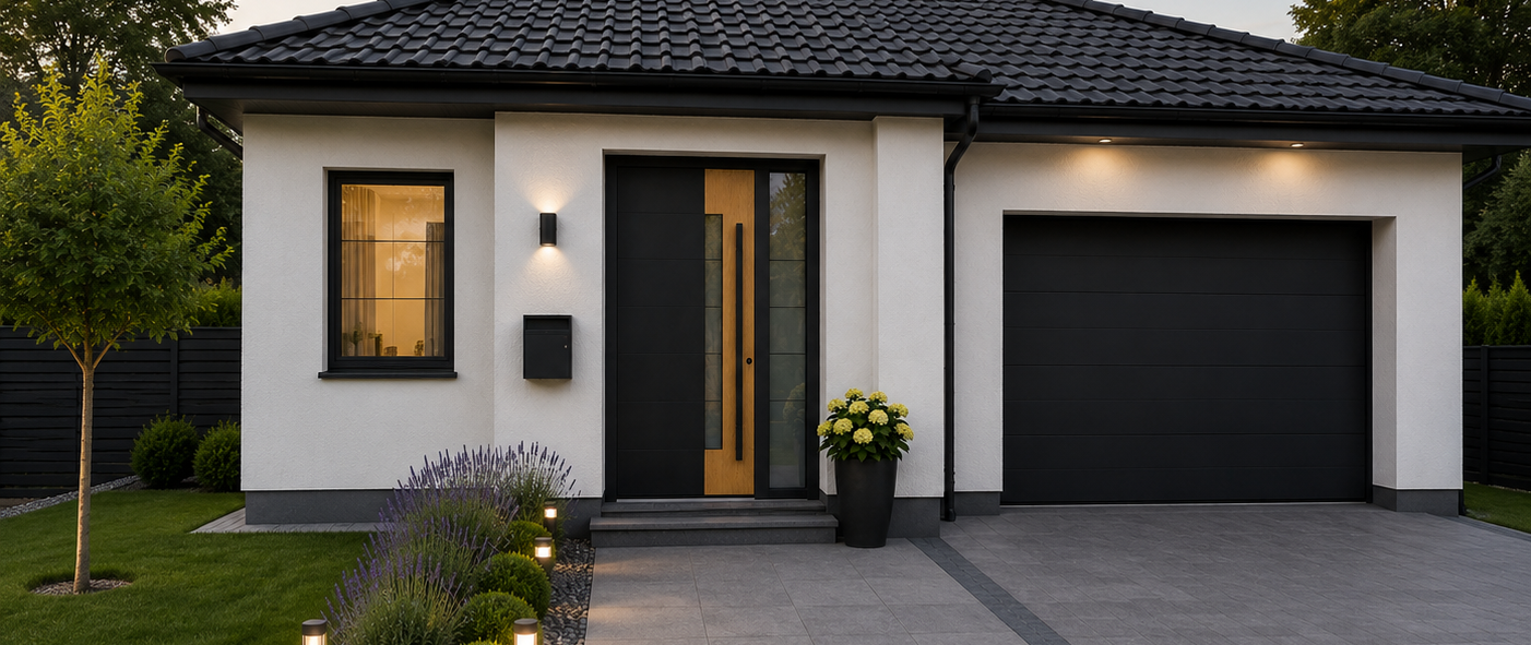 Portoncino d'ingresso in alluminio nero con finitura effetto legno su una casa moderna