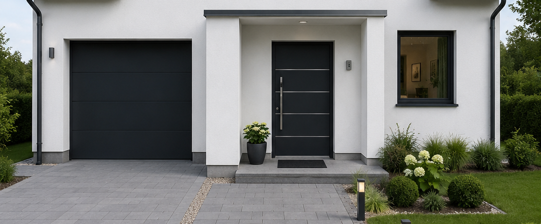 Facciata di una casa con finestra, porta da garage e portoncino d'ingresso nero minimalista con sottili inserti in acciaio inox