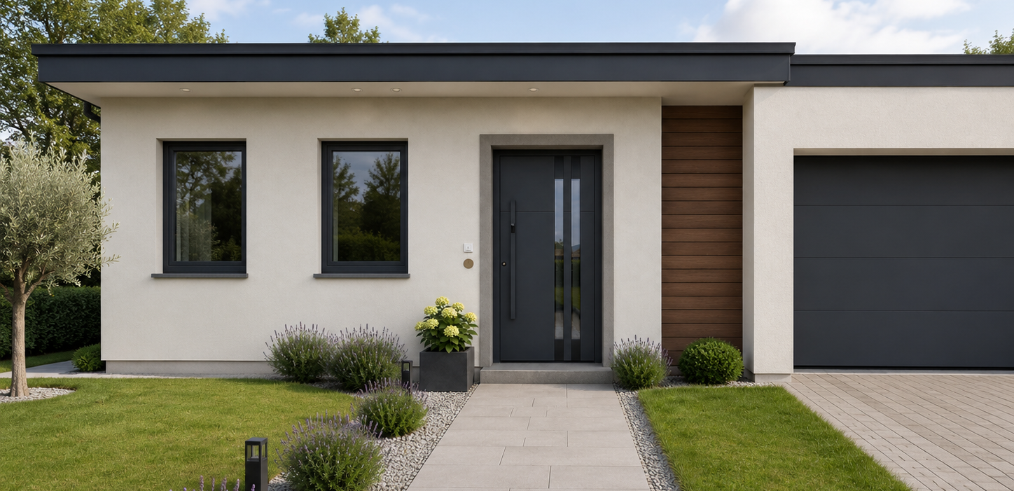 Casa moderna e minimalista con finestre in alluminio nere e semplice portoncino d'ingresso nero con due inserti in vetro