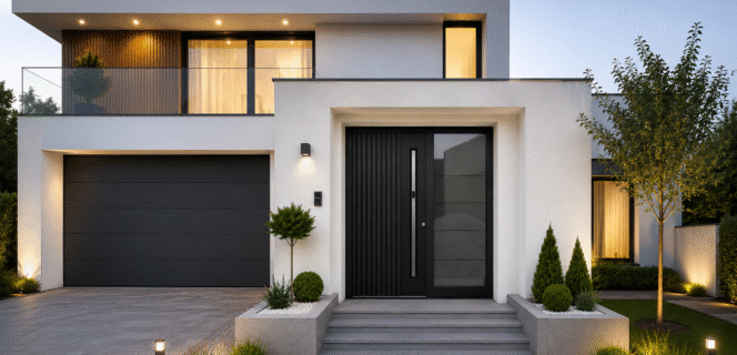 Casa moderna con finestre nere, porta da garage e portoncino d'ingresso in alluminio con scanalature decorative, maniglione con sistema di apertura smart e fiancoluce