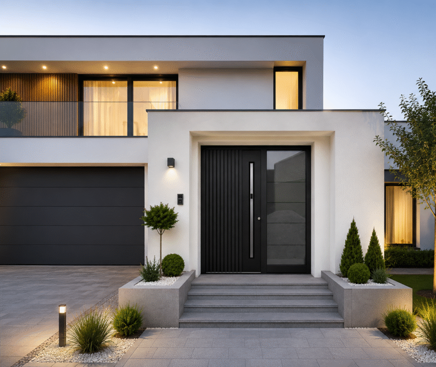 Casa moderna con finestre nere, porta da garage e portoncino d'ingresso in alluminio con scanalature decorative, maniglione con sistema di apertura smart e fiancoluce