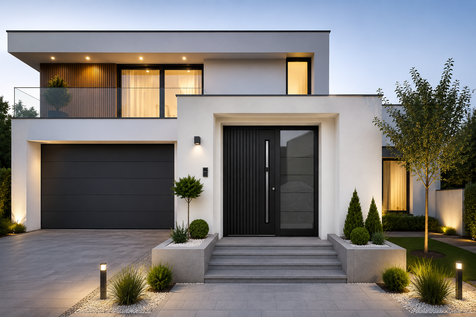Casa moderna con finestre nere, porta da garage e portoncino d'ingresso in alluminio con scanalature decorative, maniglione con sistema di apertura smart e fiancoluce