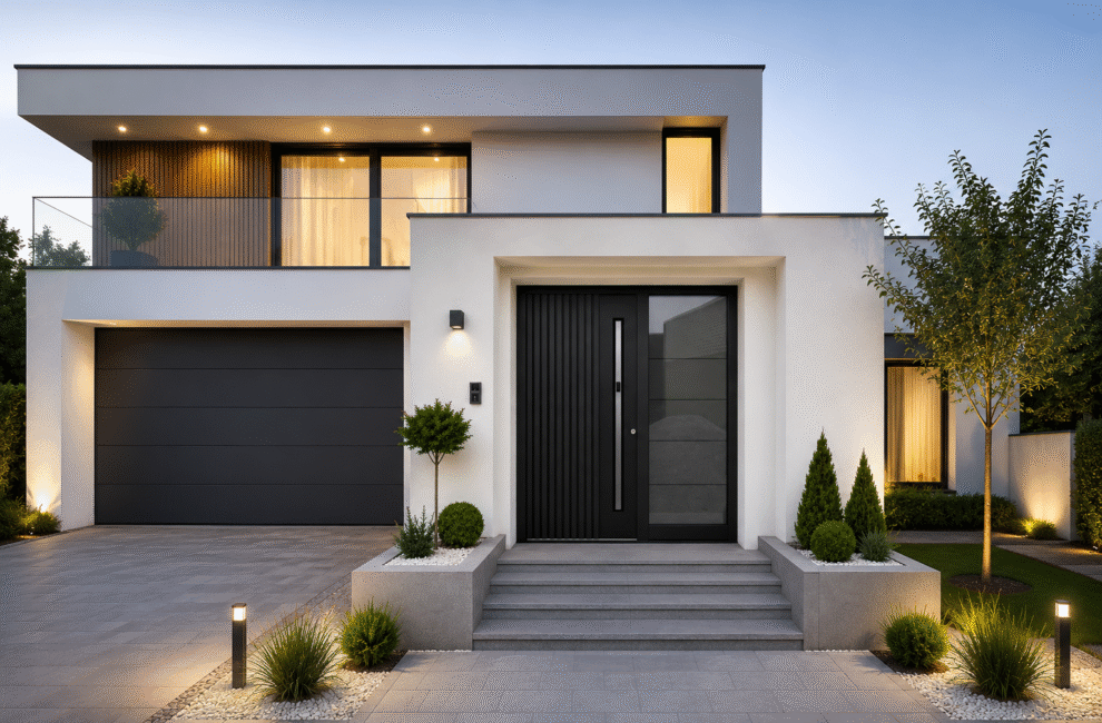 Casa moderna con finestre nere, porta da garage e portoncino d'ingresso in alluminio con scanalature decorative, maniglione con sistema di apertura smart e fiancoluce