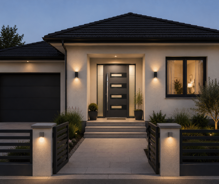 Casa classica con tetto grigio, finestre grigie e porta d’ingresso antracite con inserto in vetro