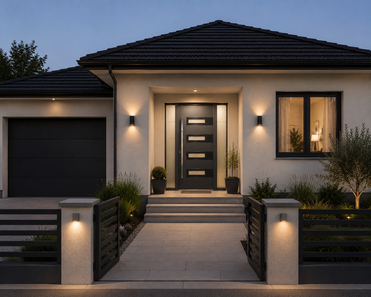 Casa classica con tetto grigio, finestre grigie e porta d’ingresso antracite con inserto in vetro