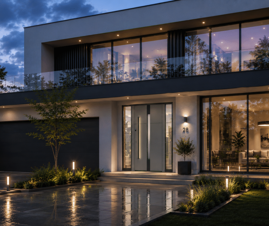 Casa moderna con tetto piano, ampio balcone in vetro, grandi finestre e porta d’ingresso minimalista color antracite
