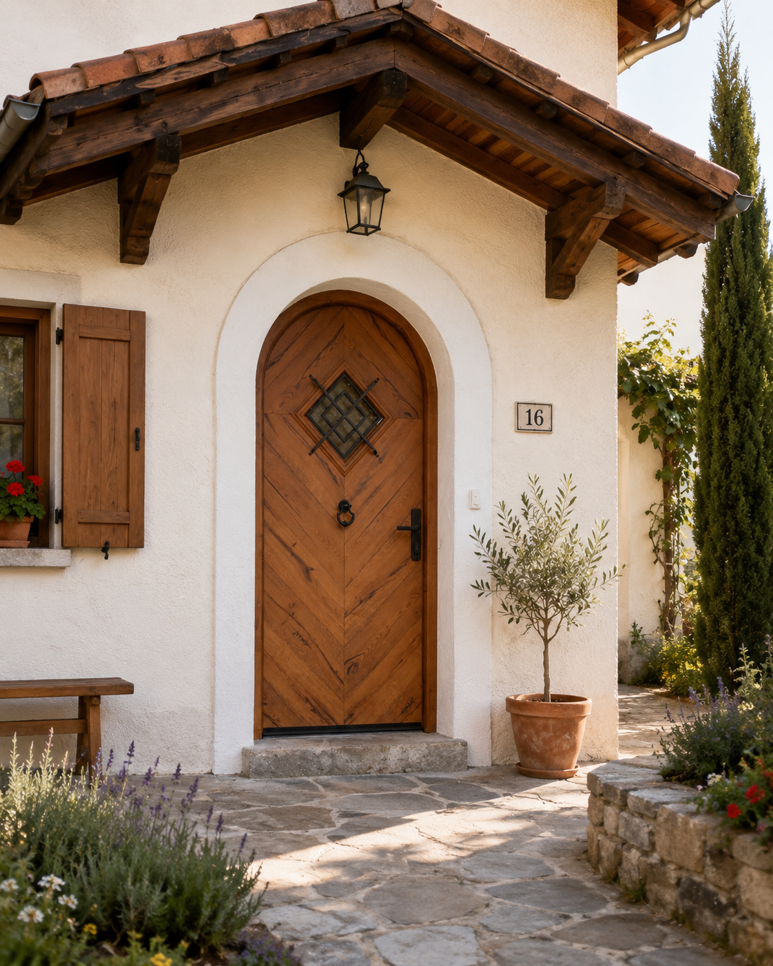 Porta d’ingresso rustica retrò con finitura effetto legno, battente, maniglia nera e inserto in vetro con telaio metallico per casa di campagna