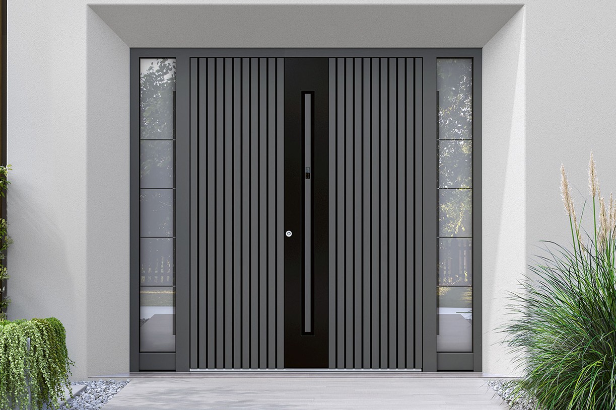 Portoncino d'ingresso Premium con doghe decorative grigie e dettagli neri